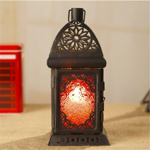 Black with Color Glass Lantern New Fashion Romantic Feelings Metal Candle Holder Classic Iron Lantern Party Decor