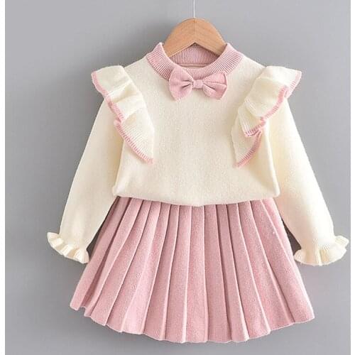 DFXD Autumn New Fashion Baby Girls Knitted Set Fly Sleeve Bow Sweater+Pleated Skirt 2PC Children Clothing Sets For 2-7Yrs Outfit
