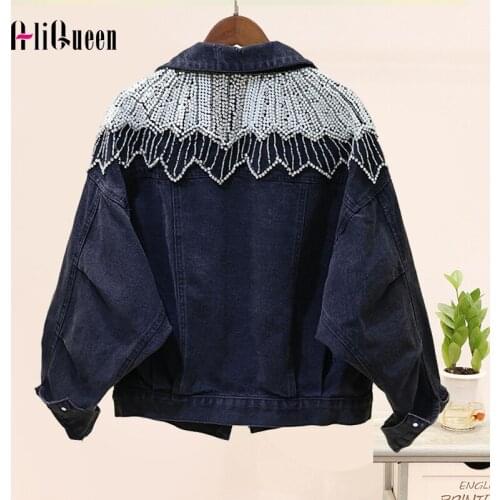 Women Pearls Beading Diamonds Black Denim Jacket Loose Streetwear Batwing Sleeve Tassel Short Jeans Jacket Coat Chaquetas Mujer