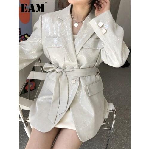 [EAM] Women Beige Sequins Big Size Blazer New Lapel Long Sleeve Loose Fit Jacket Fashion Tide Spring Autumn 2021 1DA501