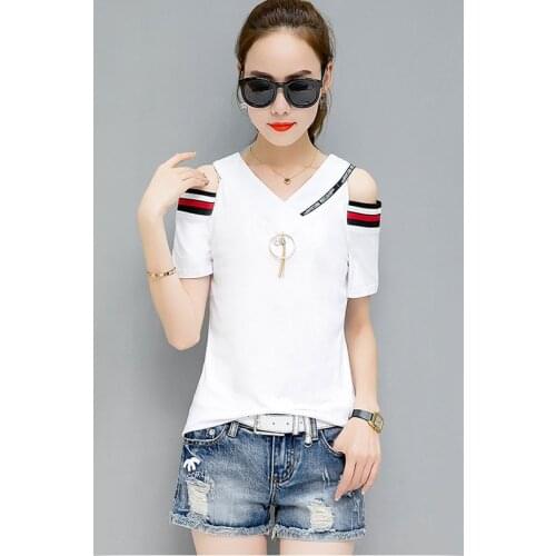 V-neck off shoulder t shirt women t-shirts cotton kawaii tee shirt femme short sleeve t-shirt women tops poleras mujer 2018