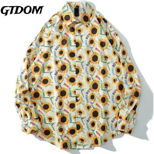 GTDOM 2021 Spring Harajuku Style Blouses Men Sunflower Long-Sleeved Shirt Hip Hop Loose Couple Print Floral Shirt And Tops