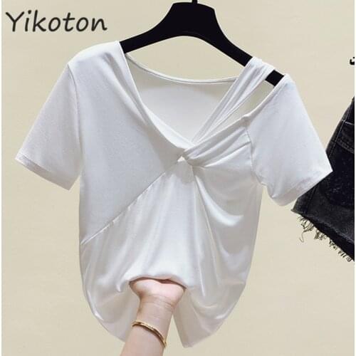 Summer Womens Clothing 2021 Solid Basic T-shirt Female Short Sleeve T Shirt Sexy V-Neck White Casual Ladies Clothing Fshion