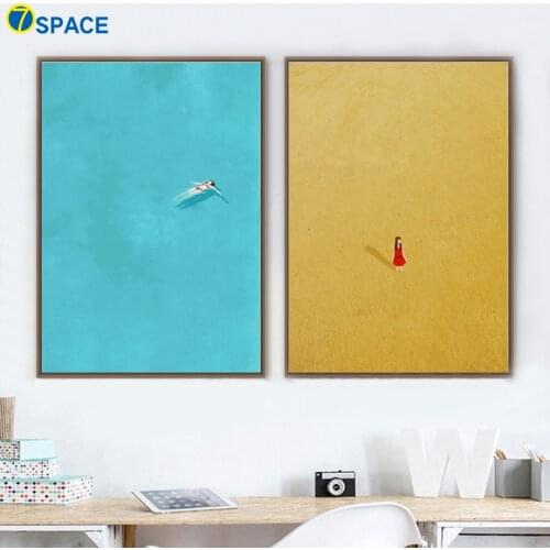 Cartoon Girl Swim Nordic Posters And Prints Wall Art Canvas Painting Blue Wall Pictures Kids Room Girls Decor