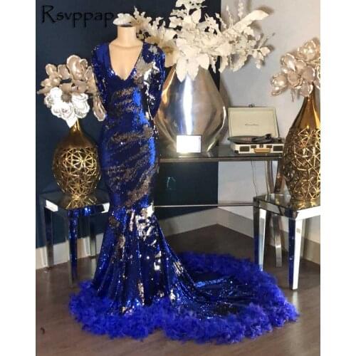 Real Long Prom Dresses 2021 Elegant Mermaid Style V-neck Long Sleeve Royal Blue Feather African Black Girls Prom Party Dress