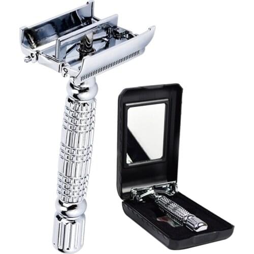 Barber Safety Blade Razor Shaver Double Edge Butterfly Twist Open T-Shaped Unisex 1 Travel Case with Mirror