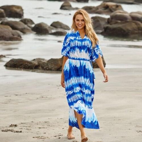 Seaside Wave Stripes Maxi Dress Womens Plus Free Size Kaftan Blue Tie Dye Like Print Long Tunic Beach Swimsuits Cover Ups Tunic