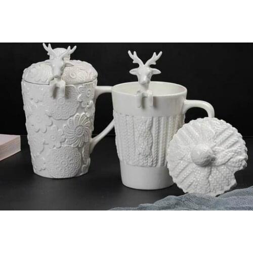 Handmade relief Christmas elk Coffee Mug with spoon creative Ceramic Big water cup office coffee Tea Milk breakfast cups Gifts