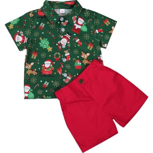 New 0-6 Years Baby Boy Christmas Clothes Set Kids Short Sleeve Print Shirts Toddler Red Shorts Gentalmen Suit Kid Santa Outfit