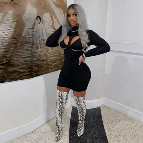 DSMTRC Sexy Club Outfits Hollow Out Stretch Slim Long Sleeve Bodycon Solid Color Women Dresses Summer 2021 Fashion Clothes
