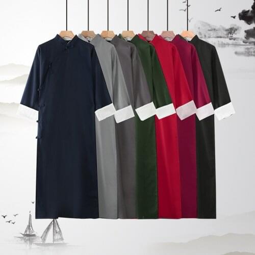 Chinese Style Traditional Hanfu Long Robes Half Sleeve Buckle Cotton Linen Tops Man Jacket Shirt Kung Fu Uniforms Tang Suit 2021