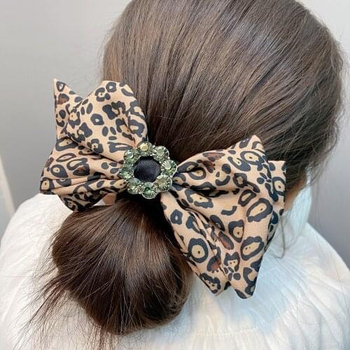 Korean Girls Big Bow Hair Accessories Hair Rope Crystal Scrunchie Leopard Elastic Hair Bands For Women Ponytail Holder Headband