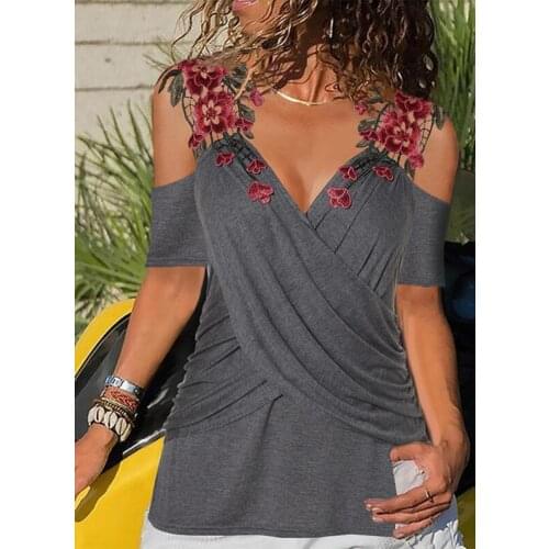 2021 Fashion Women T-Shirt Summer Sexy Off Shoulder Loose Female Pullover T-Shirt Elegant V-Neck Floral Solid Lady T-Shirt