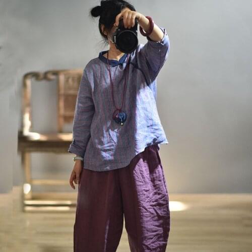 Women Loose Striped Linen Blouse Ladies Handmade Button Shirt Tops Female Autumn 2020 Blouses Tops