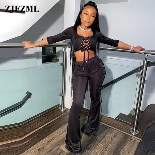 Go Out Wear Solid Fitness Two Piece Pant Suit Womens Clothing Lace Up Hollow Long Sleeve Crop Top+drawstring Bell Bottom Pants
