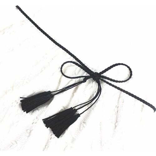 Women waist rope braided tassel slim chain bowknot leather belt decorative dress knitted knot fringed girdle black brown