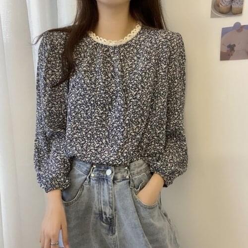 Womens Pullover Small Floral Lace Chiffon Puff Long Sleeves Loose Tops Wholesale 2022 Autumn New Elegant Fashion Lady Clothes
