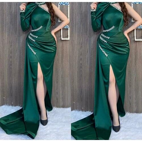 Long Royal Blue Beaded One Shoulder Mermaid Prom Dresses with Slit Robe De Soiree Formal Black Satin Party Dresses for Women