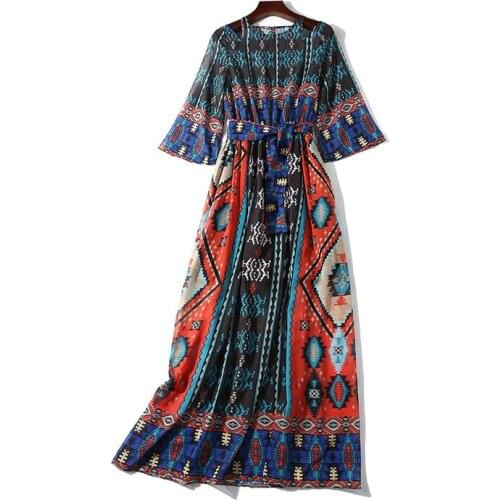 PERHAPS U O Neck Half Sleeve Print Green Geometric Boho Bohemian Maxi Long Dress Beach Vocation D1186