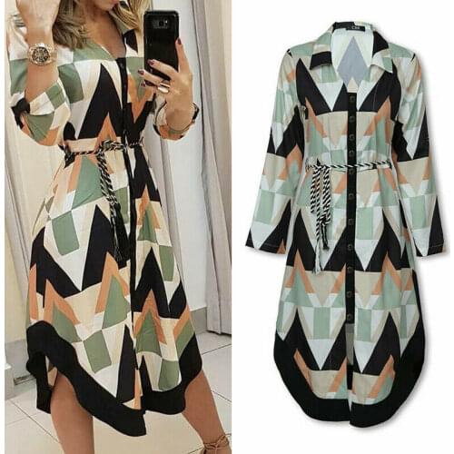 Hirigin Womens Shirt Dress Spring Autumn Lady Cover Up Wave Print Long Sleeve V-Neck Casual Loose Holiday Midi Dress Plus Size