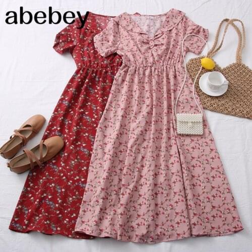 2021 New Spring Summer Women Sweet All-match floral print Dress pleated Peter pan Collar high waist slim Short Sleeve Dress