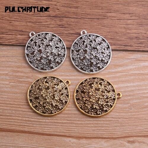 4PCS 30*34mm Metal Alloy Two Color Round Flower Charms Plant Pendants for Jewelry Making DIY Handmade Craft