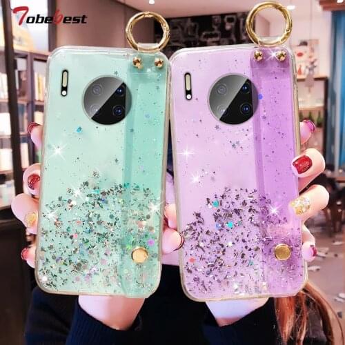 Wrist Strap Hand bracket Glitter Case For Huawei Mate 40 30 20 10 Lite Pro 9 Coque Wristband Soft Silicone Transparent Cover