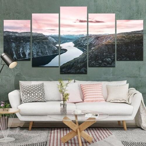 Landscape Decoration Painting Pink Sky and Green Mountains and Rivers Hd Printing Frameless Style Posters Can Be Customized