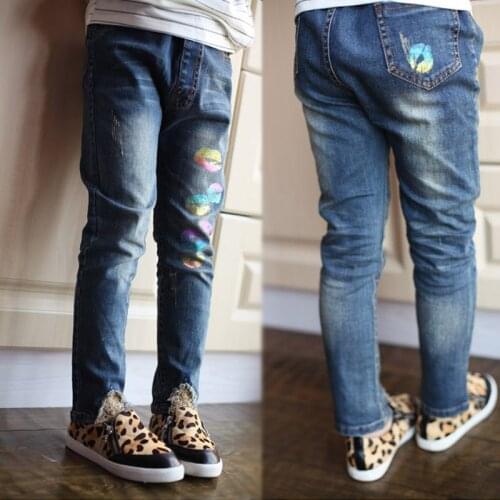 Children clothes 2018 spring girls lip gloss jeans Pants children denim trousers Kids Korean slim Skinny feet pants