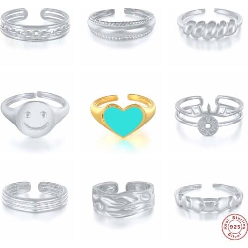 GS 925 Sterling Silver Colorful Enamel Heart Shape Opening Rings For Women Luxury Thick Twisted Chain Resizable Ring Jewelry