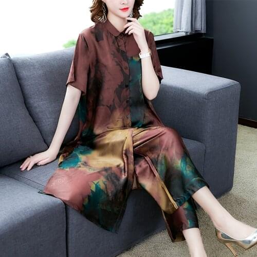 QPFJQD Casual Shirts Dress Suit WomenS Buttons Retro Pattern Printed Split Blouse Tops And Loose Wide Leg Pants 2 Piece Sets