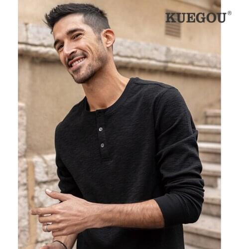 KUEGOU 2021 Spring Cotton Plain Black Buttons T Shirt Men Tshirt Brand T-shirt Long Sleeve Tee Shirt Male Plus Size Tops 88031