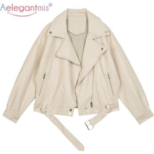 Aelegantmis Fashion Faux Leather Jackets Women with Belt Korean Loose Pu Motorcycle Jacket Loose Streetwear Coats Zipper 2021