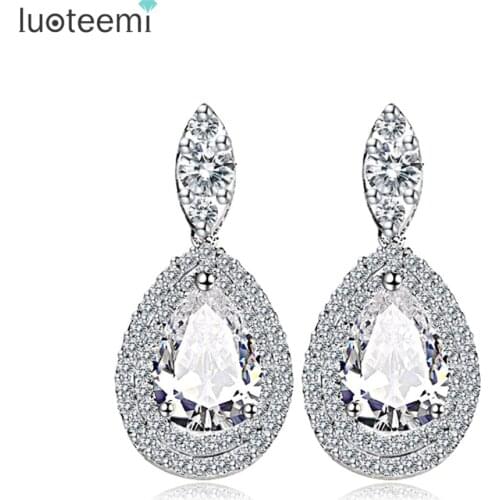 LUOTEEMI Latest Water Drop CZ Long Trendy Drop Earrings Women Real Luxury Tops Fashion Wedding Jewelry