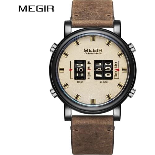 MEGIR Personality Digital Drum Roller Watches Luxury Brand Quartz Watch Men Leather Relogios Masculinos 2020 New Army Clock Male