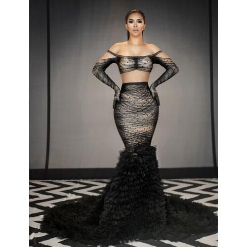 Fashion Off Shoulder Evening Party Mermaid Dress Women Wedding Rhinestone Trailing Dress Prom Long Dress Singer Stage Outfits