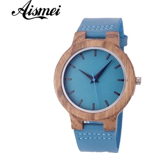 Fashion New Unique Blue Wood Watch Men Women Analog Casual Genuine Leather strap ladies Dress Quartz Wristwatches Lovers Gifts