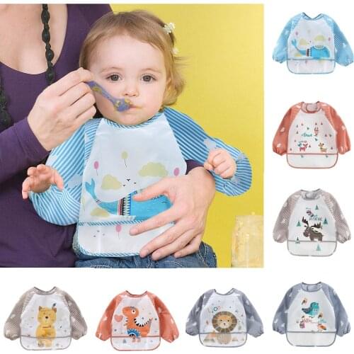 Toddler Long Sleeve Baby Bibs Waterproof Sleeved Bib Soft Cartoon for Girls Boys Cloth Feeding Bib with Pocket Child Apron Smock