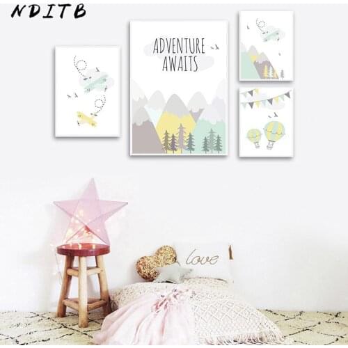 Adventure Quotes Nursery Child Poster Cartoon Mountain Print Wall Art Canvas Painting Nordic Kid Baby Bedroom Decoration Picture