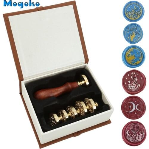 Mogoko New Moon and Star Wax Seal Stamp 6pcs Sealing Wax Stamps&1 Wooden Handle for Wedding Custom Invitations Letters Envelope