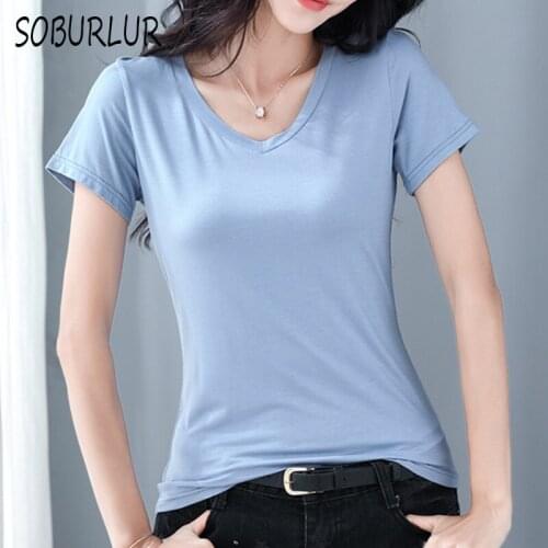 Casual Short Sleeve Women T-shirt Summer New Korean V-neck Cotton T Shirts Slim Solid Tees Female Tops Oversized T-shirt 5XL