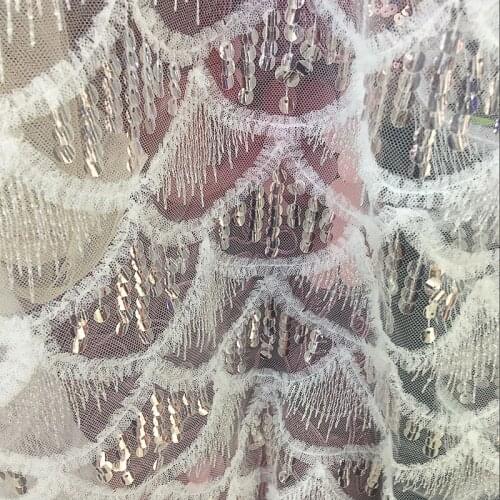 GLace 1Y/lot off white lace glitter transparent mesh sequins fabric for wedding dress decoration DIY material TX1477