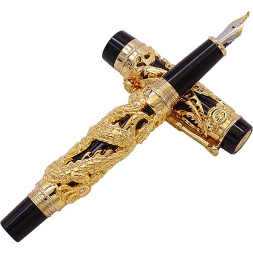 Jinhao Dragon Phoenix Vintage Luxury Calligraphy Pen Fountain Pen Bent Nib Full Metal Golden & Black Carving for Art Office Gift