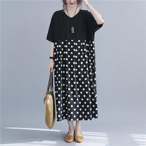 Summer Female Sundress Loose Patchwork Dot Dress Cotton Print Dress Women Batwing Sleeve Holiday Maxic Casual Dress