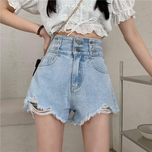 Fashion Denim Shorts Female Summer High Waist A-line 2021 New Retro Hole Design Sense Tide Womens Shorts Wide-leg Pants