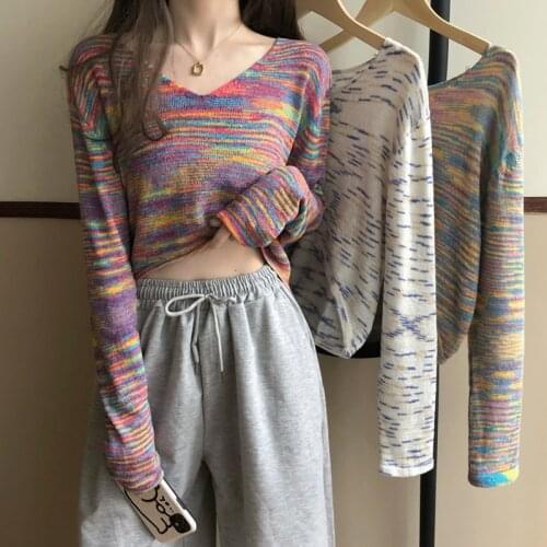 Cropped Sweater Women Long Sleeve Casual Knitted Pullover Outfit Rainbow Fashion Jumper Thin Korean Autumn 2020 Female Clothing