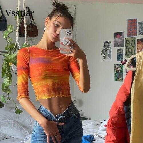 Vsstiar Tie Dye T-Shirt Women 2021 Summer Half Sleeve Round Neck Skinny Ladies Clothes Orange Y2K Streetwear Crop Tops