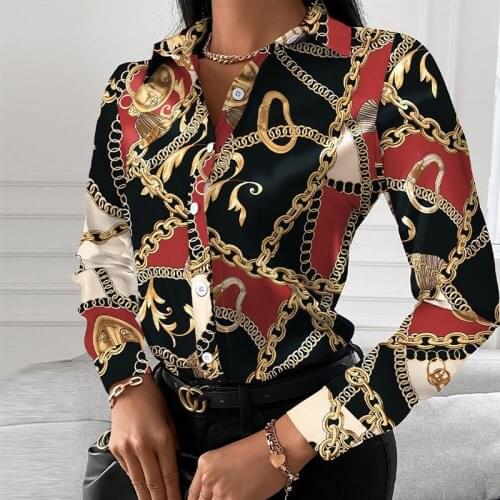 Fashion Chain Leopard Printed Lady Office Shirt Elegant Turn-down Collar Blouse Casual Button Long Sleeve New Autumn Women Tops