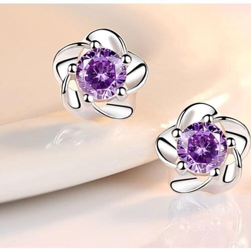 Female Dainty Natural Purple Crystal Flower Stud Earrings Real 925 Sterling Silver Wedding Earrings For Women Classic Earrings