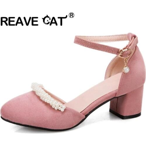 REAVE CAT New 2021 Women Pumps Round Toe 5cm Block Heels Flock Buckle Pearl Concise Elegent All-Match Big Size 43 Date A3749
